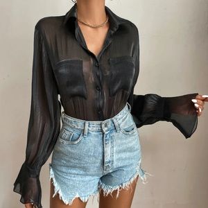 Tall Patched Pocket Flounce Sleeve Sheer Shirt